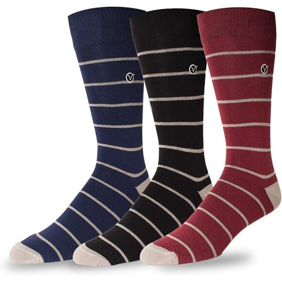 Lot 6 Pairs Mens Socks 9 - 13 Crew Socks Dress Socks Striped Combed Cotton Vybe - Picture 6 of 9